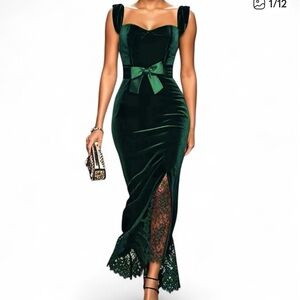 Fehaute Velvet Emerald Lace Formal Dress used once